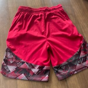 Red outdoorsy gym shorts back to school design on bottom L kids size